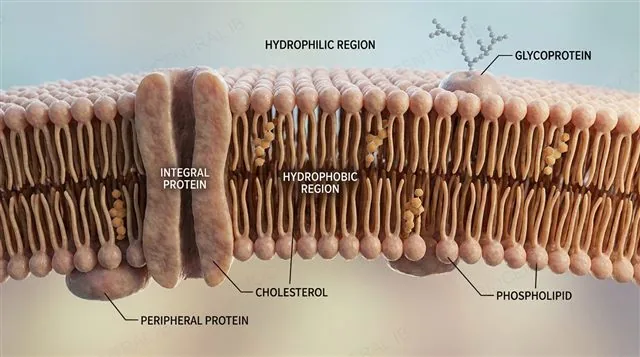 The fluid mosaic model: a phospholipid bilayer with integral, peripheral and glycoproteins plus cholesterol, with hydrophilic and hydrophobic regions labeled