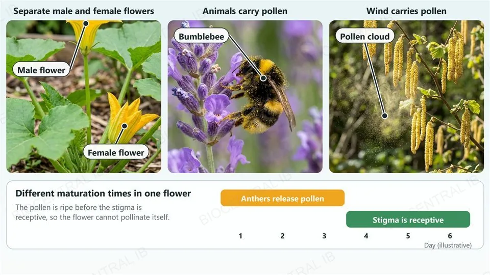 Three photographs and a timeline. Separate male and female flowers: a squash plant with a yellow male flower and a yellow female flower with a small fruit. Animals: a bumblebee carrying pollen between flowers. Wind: a hazel catkin releasing a cloud of pollen. Below, a timeline of different maturation times: pollen is ripe on days one to three and the stigma is receptive on days four to six.