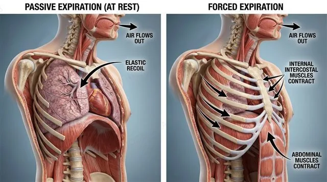 A cross section of the thorax during forced expiration with internal intercostal muscles pulling the ribs down and abdominal muscles pushing the diaphragm upward, contrasted with a smaller passive expiration arrow from elastic recoil, labeled