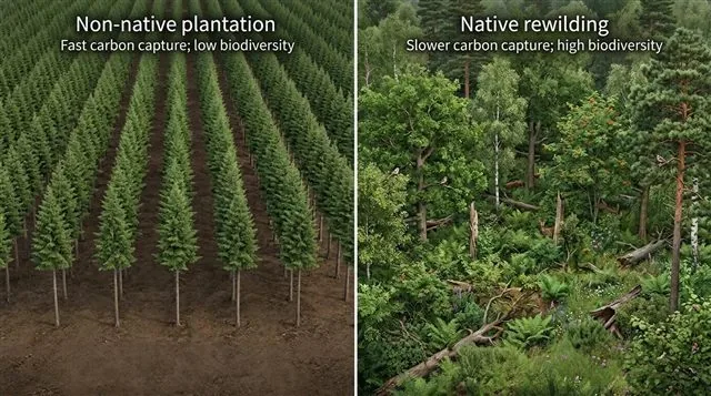 A plantation of evenly spaced, same-age non-native trees in rows compared with a native rewilded forest of mixed species and ages, each with a caption on carbon capture speed and biodiversity