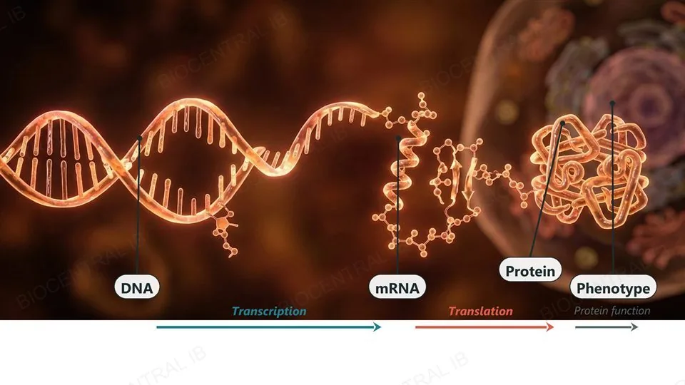 A glowing DNA double helix on the left flowing into a strand of mRNA in the middle, then into a folded protein and a blurred cell on the right, labeled in order DNA, mRNA, Protein, Phenotype, with Transcription and Translation named under the first two arrows.