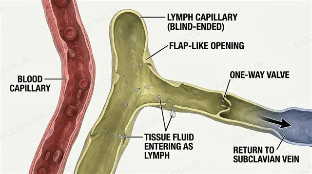 A blind-ended lymph capillary next to a blood capillary, with excess tissue fluid entering the lymph capillary through flap-like openings, a one-way valve in the lymph vessel, and an arrow showing lymph draining toward a subclavian vein, labeled