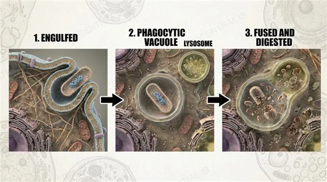 A phagocytic vacuole engulfing a bacterium then fusing with a lysosome to digest it, labeled