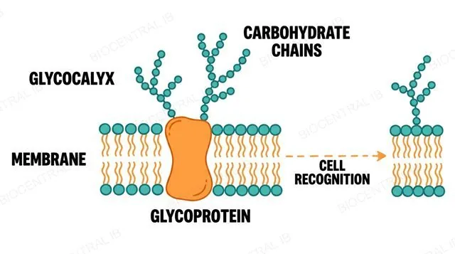 A cell membrane with an embedded glycoprotein, its carbohydrate chains extending outward as part of the glycocalyx, shown recognizing a matching pattern on a neighboring cell