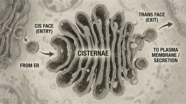 The Golgi apparatus as stacked cisternae receiving vesicles at the cis face and budding new vesicles from the trans face, labeled