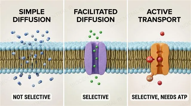 Three transport routes compared: simple diffusion through the bilayer, facilitated diffusion through a channel, and active transport by a pump using ATP, labeled