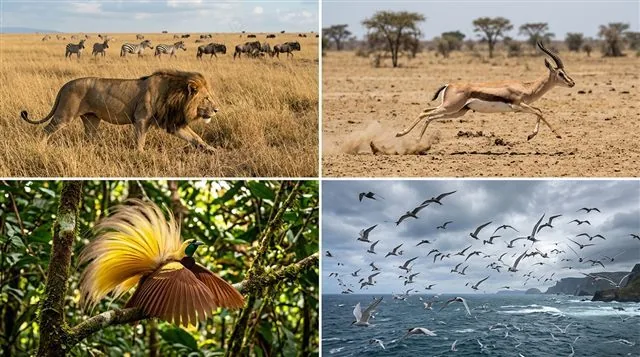 Four small scenes in one frame: a lion stalking prey, a gazelle fleeing, a bird displaying at a courtship site, and Arctic terns migrating, photorealistic wildlife photography style