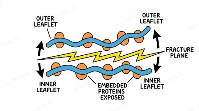 Labelled diagram of freeze fracture: a membrane split along its fracture plane, exposing embedded proteins in the outer and inner leaflets