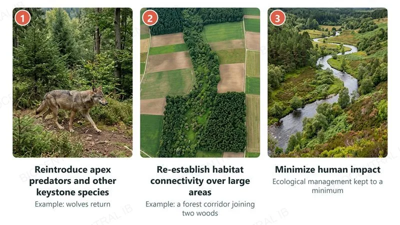 Three numbered photographs, one per rewilding method: 1 a grey wolf in a forest (reintroducing an apex predator), 2 an aerial view of a forest corridor joining two woods across farmland (habitat connectivity), 3 a wild river valley left to nature (minimal human impact)