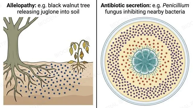 A flat two-panel diagram: a tree root releasing chemical particles that wilt a nearby competing plant labeled allelopathy example black walnut tree releasing juglone into soil, a mould colony on a petri dish creating a clear zone with no bacterial growth labeled antibiotic secretion example Penicillium fungus inhibiting nearby bacteria