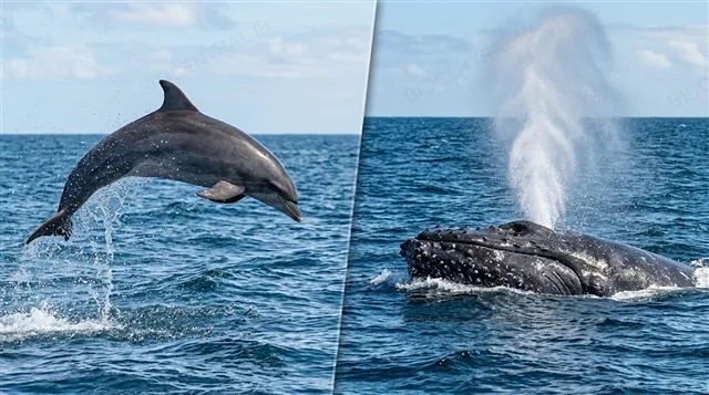 A dolphin porpoising, leaping clear of the water surface, and a whale's blowhole on top of its head releasing a breath spout, photorealistic