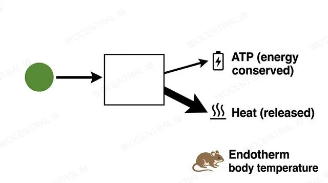 A flow diagram showing chemical energy from a substrate entering a metabolic reaction and splitting into two labeled output arrows, a smaller arrow labeled ATP energy conserved and a larger arrow labeled heat released, next to a small mammal icon labeled endotherm body temperature