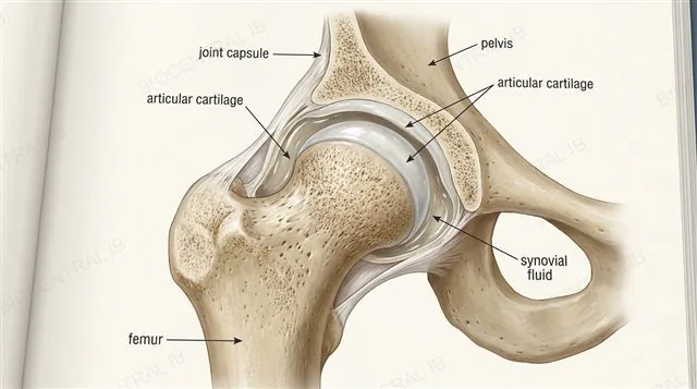 A cross-section of the human hip synovial joint showing the femur, pelvis, articular cartilage and synovial fluid within the joint capsule, labeled