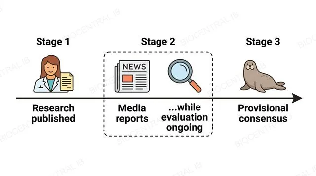 A flat three-stage left-to-right timeline diagram: a scientist publishing a study, a newspaper icon reporting on it while a separate ongoing-evaluation icon is shown still in progress at the same time, then a checkmark icon labeled provisional scientific consensus, labeled Research published, Media reports while evaluation ongoing and Provisional consensus, single left-to-right direction with the media-report and ongoing-evaluation icons clearly shown occurring at the same time not in sequence
