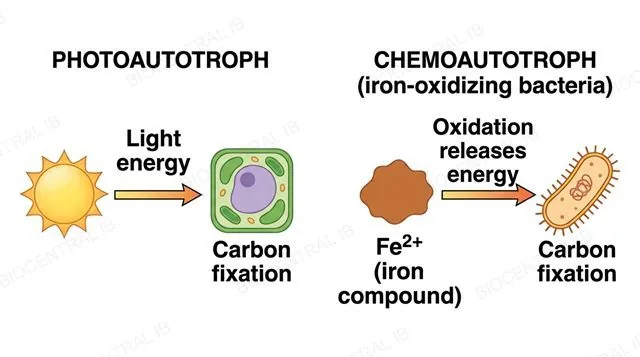 A flat two-panel diagram, left panel photoautotroph with a sun and an arrow labeled light energy into a plant cell labeled carbon fixation, right panel chemoautotroph iron-oxidizing bacteria with an iron compound Fe2+ and an arrow labeled oxidation releases energy into a bacterium labeled carbon fixation