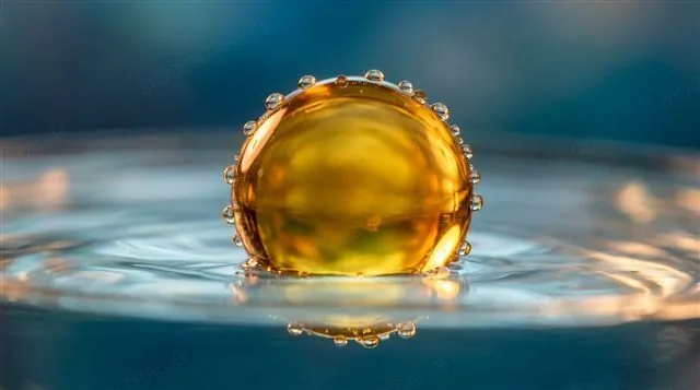 A droplet of oil in water, with water molecules clustering around it but not mixing, illustrating the hydrophobic property of lipids