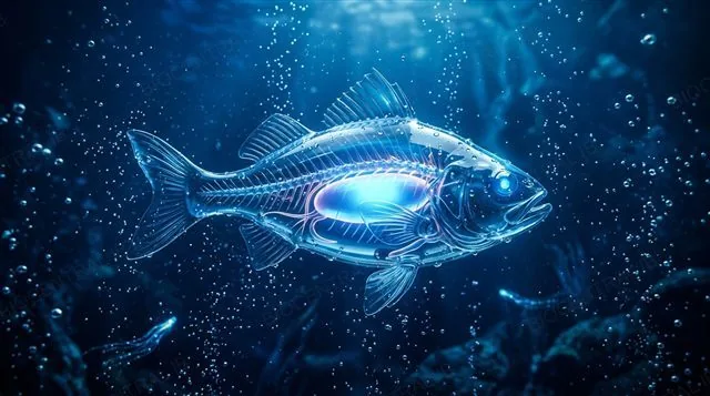 A translucent fish with a visible glowing swim bladder, illustrating buoyancy