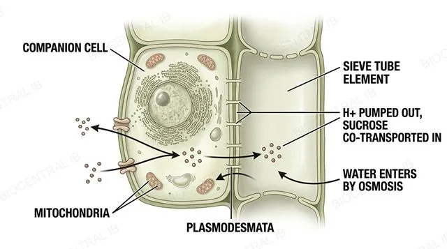 A companion cell connected to an adjacent sieve tube element by plasmodesmata, actively pumping hydrogen ions out and using the gradient to co-transport sucrose into the sieve tube at a source, with water following by osmosis to raise hydrostatic pressure, and a contrasting unloading region at a sink where sucrose and water leave and pressure falls, labeled