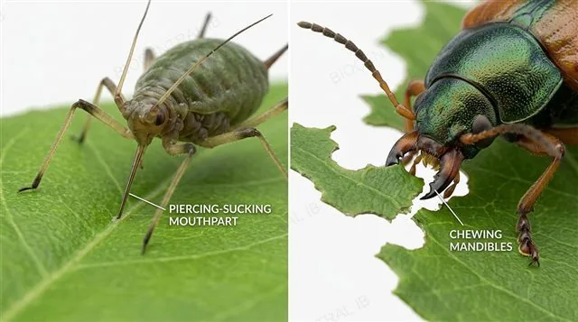 An aphid's needle-like stylet piercing into a leaf labeled piercing sucking mouthpart, next to a leaf beetle's mandibles chewing a leaf edge labeled chewing mandibles
