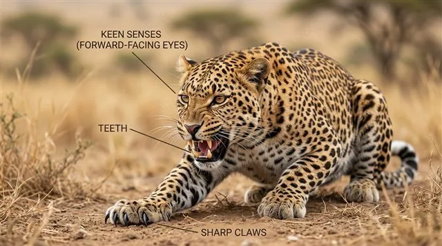A predator animal such as a big cat shown with its sharp claws labeled, its teeth labeled, and its forward-facing eyes labeled keen senses