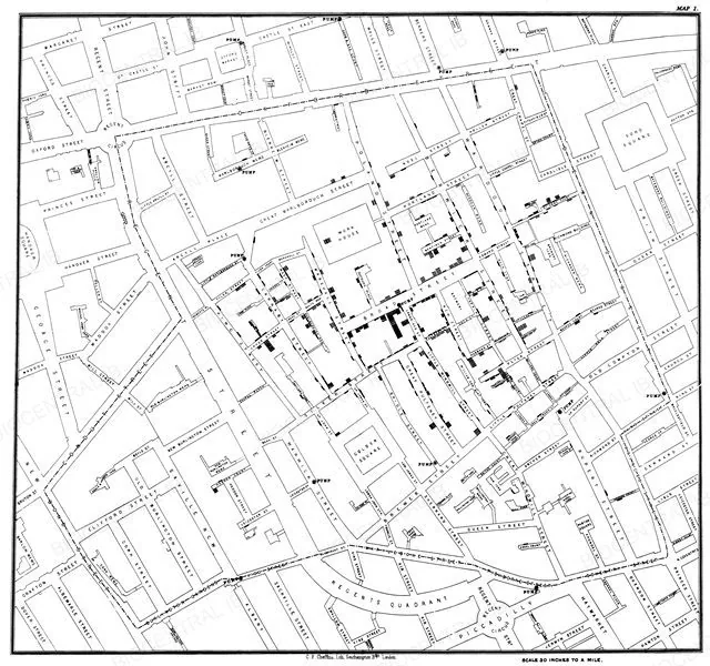 A real 1854 historical map by John Snow showing clustered cholera deaths in the Broad Street area of London around a single contaminated water pump
