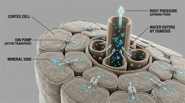 A root cross section showing cortex cells actively pumping mineral ions into the stele using membrane proton pumps, ions accumulating in the xylem, and water entering the xylem by osmosis, generating a positive root pressure pushing water upward, labeled