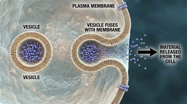A vesicle fusing with the plasma membrane from inside the cell and releasing its contents outside, labeled