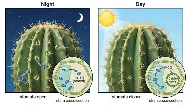 A desert cactus shown in two panels, stomata open at night taking up CO2 and fixing it into malate for storage, stomata closed during the hot day while stored malate feeds the Calvin cycle, labeled CAM photosynthesis