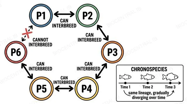 Ring species diagram showing populations P1 to P6 arranged in a loop, each interbreeding with its neighbours except where the ring closes, plus a chronospecies inset showing gradual change over time