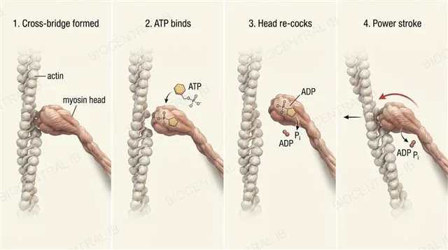 The cross-bridge cycle: a myosin head binding actin, ATP breaking the cross-bridge and re-cocking the head, then the power stroke pulling actin past myosin, labeled sequence of four steps