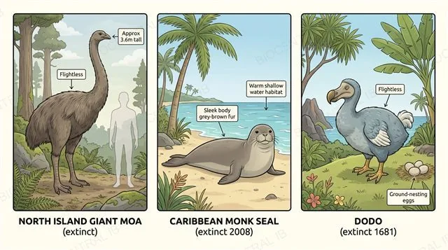 North Island giant moa, an extinct flightless bird from New Zealand, and the Caribbean monk seal, extinct since 2008, illustrated with labeled facts