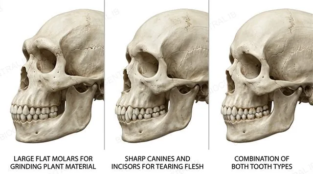 Three hominid skull and jaw close-ups compared side by side, one labeled large flat molars for grinding plant material, one labeled sharp canines and incisors for tearing flesh, one labeled a combination of both tooth types