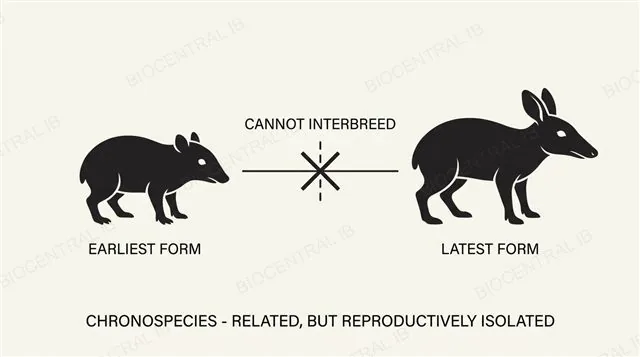 Two similar-looking related forms from one fossil lineage, earliest and latest, connected by a line marked with an X to show they could not have interbred