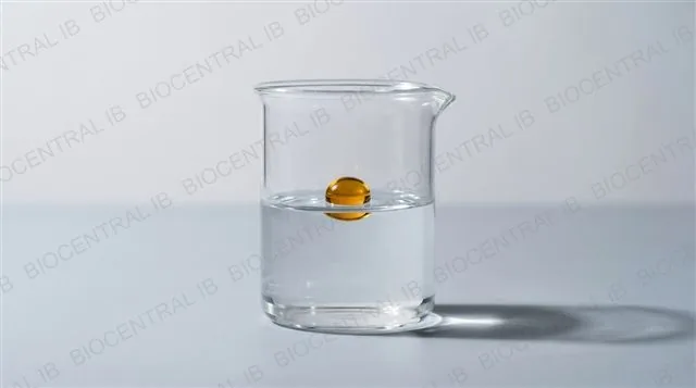 A small oil droplet floating undissolved on the surface of water