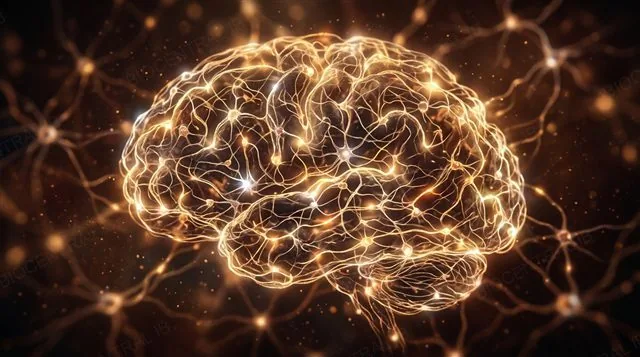 An abstract, warmly lit network of many interconnected glowing neurons forming a brain-like web, with no text or labels, suggesting a single emergent property arising from countless individual connections