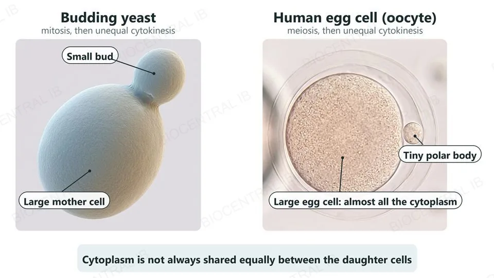 Two labeled examples of unequal cytokinesis: a scanning-electron-micrograph-style budding yeast, with a large mother cell and a much smaller bud; and a micrograph-style human egg cell (oocyte) that keeps almost all the cytoplasm, with a tiny polar body beside it inside its clear shell.
