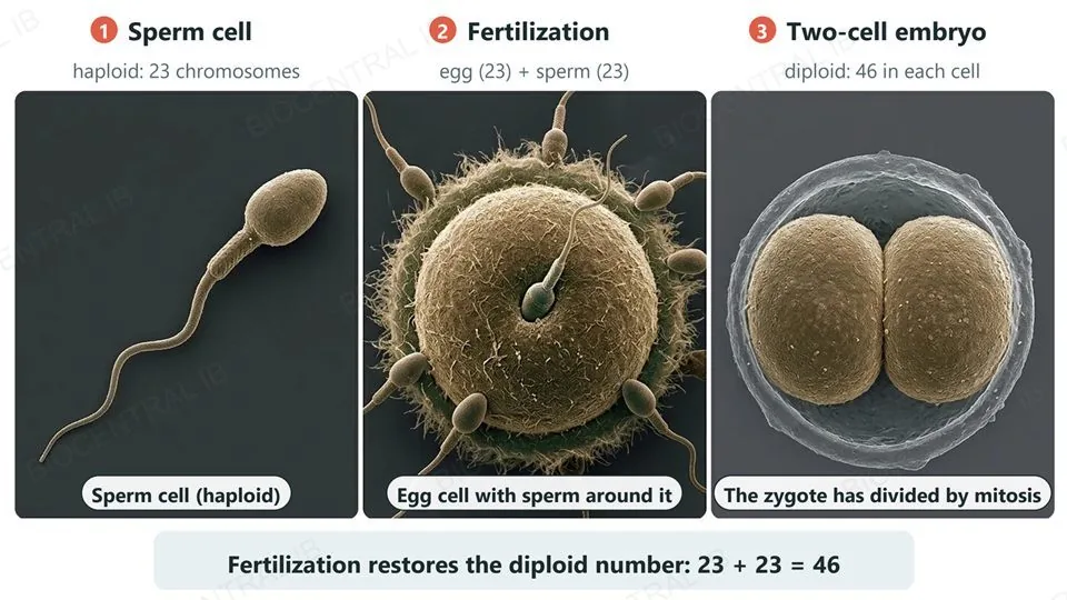 Three numbered scanning-electron-micrograph-style views: a single human sperm cell, haploid with 23 chromosomes; a human egg cell with sperm around it at fertilization; and a two-cell early embryo, diploid with 46 chromosomes in each cell. Fertilization restores the diploid number: 23 plus 23 makes 46.