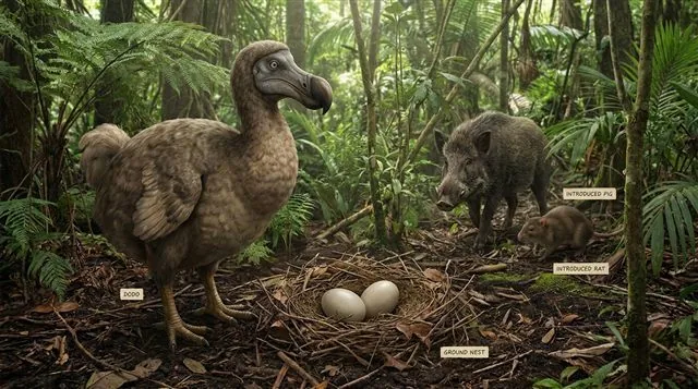 Dodo, an extinct flightless bird from Mauritius, illustrated on a forest floor beside its ground nest, threatened by an introduced pig and rat in the background