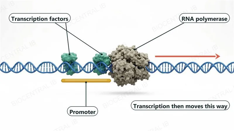 A DNA double helix with two transcription factor proteins bound at the promoter, an RNA polymerase enzyme sitting just beside them, and an arrow showing that transcription then moves along the DNA to the right.