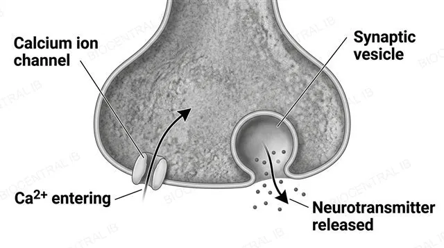 A presynaptic terminal showing a calcium ion channel with calcium ions entering the cell through it, and a synaptic vesicle fusing with the presynaptic membrane to release neurotransmitter molecules into the synaptic cleft, labeled calcium ion channel, Ca2+ entering, synaptic vesicle and neurotransmitter released