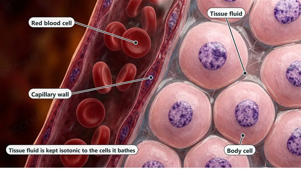 A cross-section of tissue showing a blood capillary with red blood cells on the left and rounded pink body cells on the right, with clear tissue fluid in the gaps between them; labels point to a red blood cell, the capillary wall, the tissue fluid and a body cell, and a caption says tissue fluid is kept isotonic to the cells it bathes.