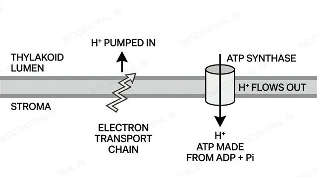 Diagram of chemiosmosis across the thylakoid membrane showing the electron transport chain pumping H+ into the lumen and ATP synthase using the H+ gradient to make ATP, labeled