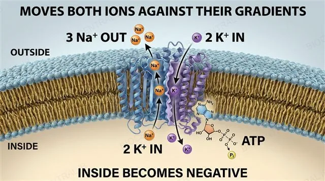 The sodium-potassium pump exchanging 3 Na+ out for 2 K+ in per ATP, against both gradients, with the electrogenic effect labeled