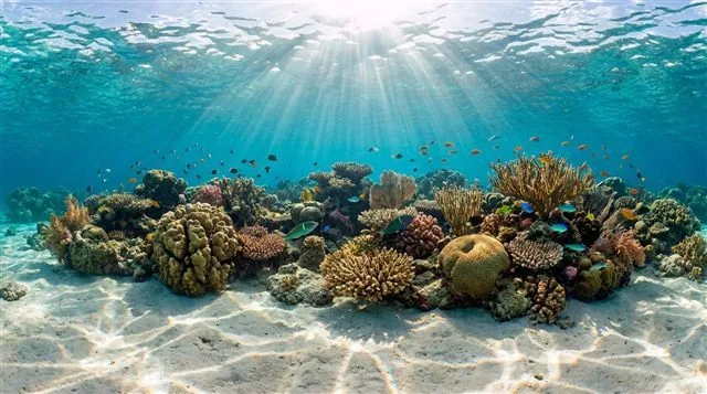 A clear, shallow tropical coral reef with sunlight penetrating the water column to the reef structure below, photorealistic underwater photography