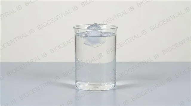 An ice cube floating on top of liquid water in a glass