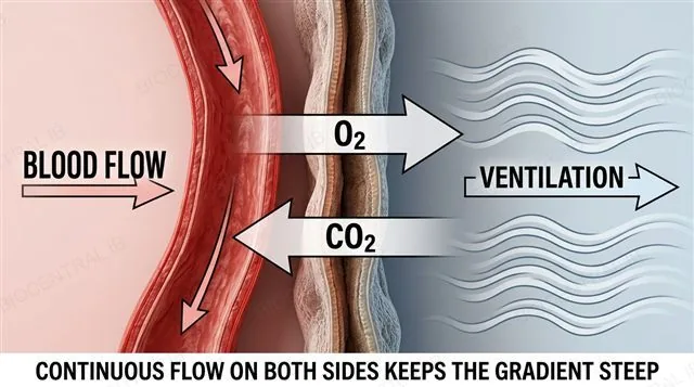 A thin exchange membrane with blood flowing on one side via capillaries and ventilated air or water flowing on the other side, arrows showing O2 diffusing one way and CO2 the other, labeled with blood flow and ventilation maintaining the concentration gradient