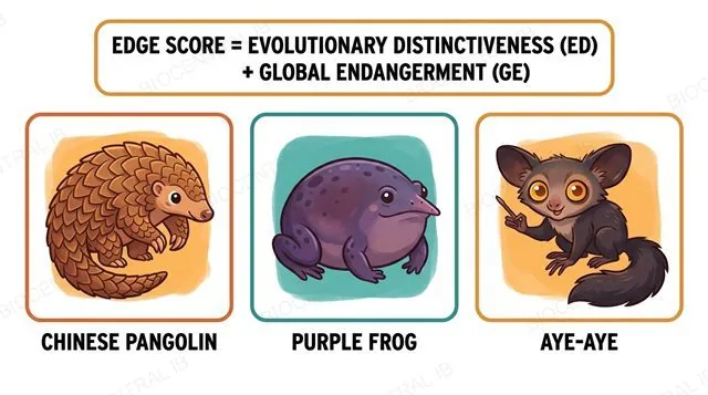 EDGE score formula combining Evolutionary Distinctiveness and Global Endangerment, illustrated with three top-ranked EDGE species: Chinese pangolin, purple frog, and aye-aye