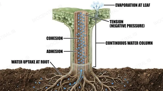 A cross section of a plant from root through stem to leaf showing a continuous water column inside the xylem, tension generated at the leaf by evaporation from mesophyll cell walls, cohesion between water molecules shown as hydrogen bonds holding the column together, and adhesion of water to the xylem walls, labeled