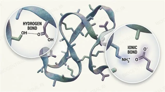 A folded polypeptide with two callouts: a hydrogen bond and an ionic bond, each drawn between the correct R-groups