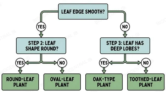 Dichotomous key flowchart for identifying leaves using three two-choice decision steps